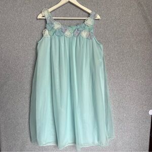 Warners Aqua Chiffon Nylon Midi Nightgown Applied Flower Detail Sz Med VTG 70s